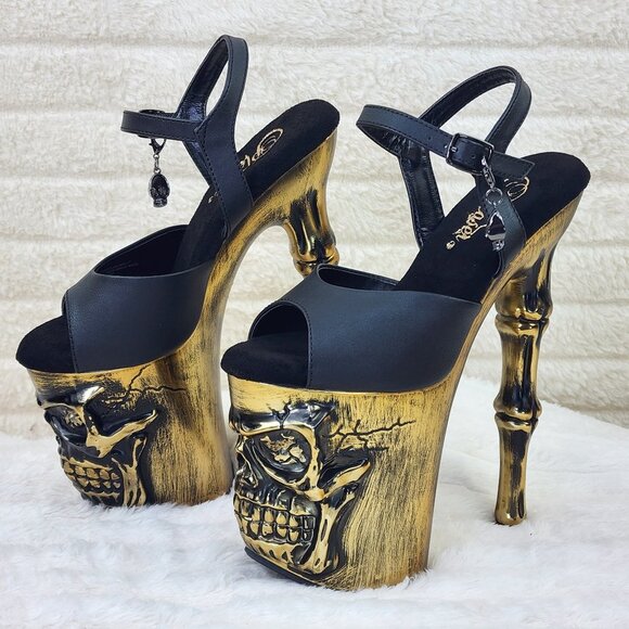 Gold / Brass Skull & Bones Red LED Platform 8" Heels Pole Shoes Vortex - Picture 1 of 14